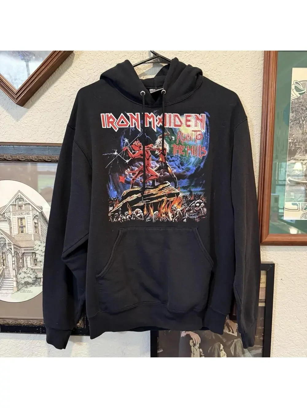 Vintage 00s RARE Iron Maiden Hoodie Men's Medium Black Run To The Hills Pullover
